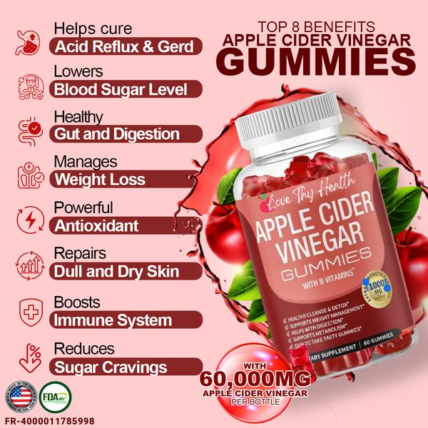 Apple Cider Vinegar Gummies (500mg) | Dietary Supplement for Detox, Weight Loss, Cholesterol, and Energy