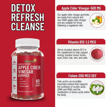 Apple Cider Vinegar Gummies (500mg) | Dietary Supplement for Detox, Weight Loss, Cholesterol, and Energy