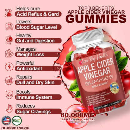 Apple Cider Vinegar Gummies (500mg) | Dietary Supplement for Detox, Weight Loss, Cholesterol, and Energy