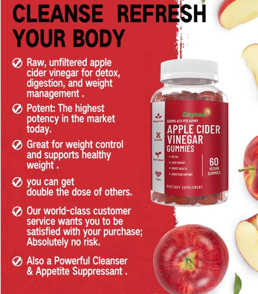 CG4 - Apple Cider Vinegar Gummies (500mg) | Dietary Supplement for Detox, Weight Loss, Cholesterol, and Energy