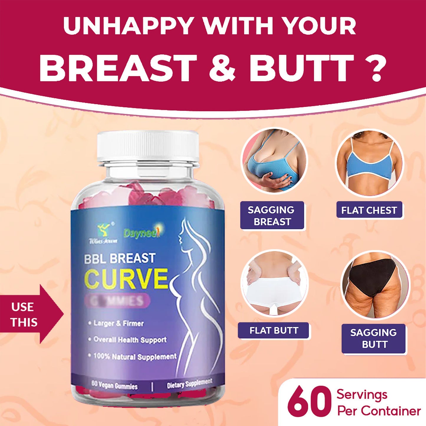 BBL Breast Curve Gummies | Supplement for Butt and Breast Enlargement, Hormonal Balance